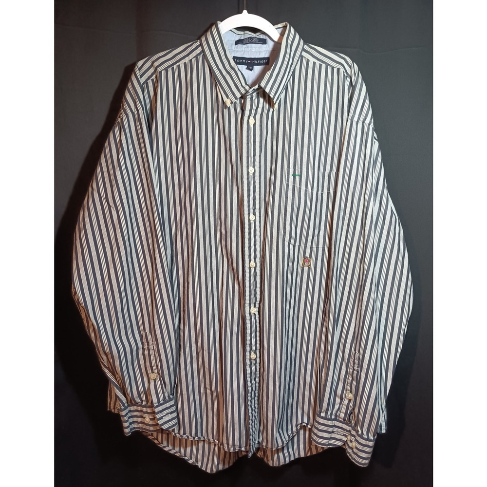 Vintage Tommy Hilfiger Mens XXL Long Sleeve Button Down Shirt Striped Crest Logo